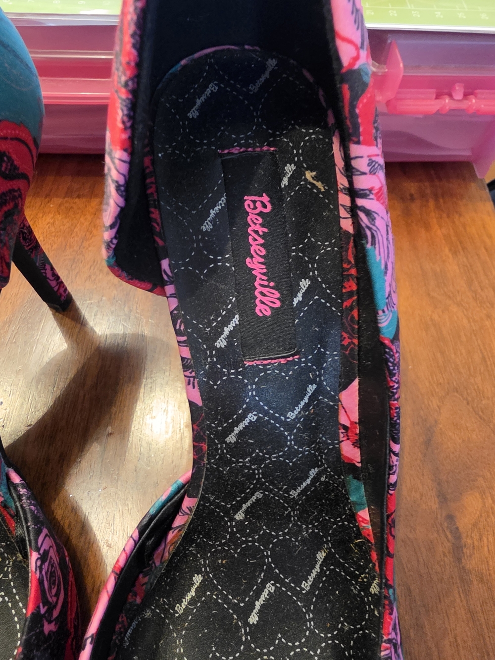 Betsey Johnson Jeweled Floral Pointed-Toe Heels in Pink & Teal - Picture 2 of 4